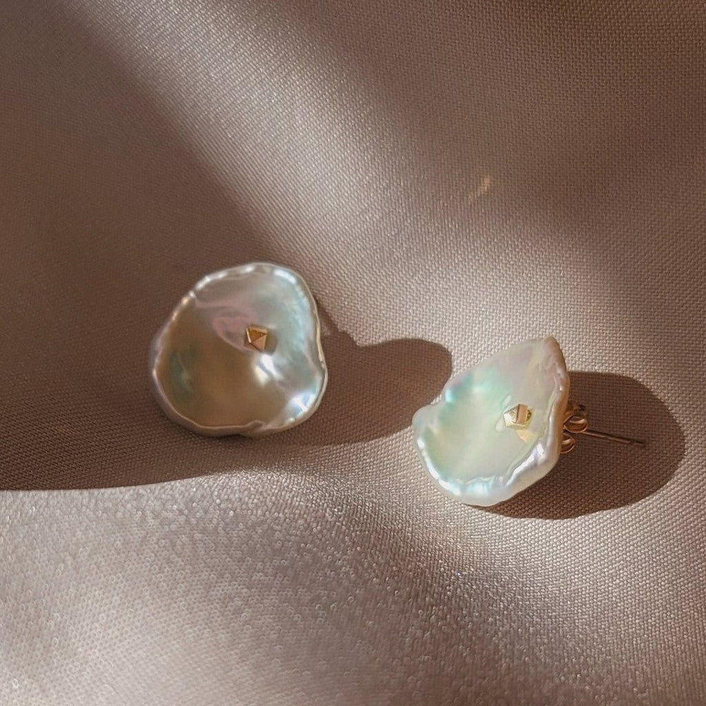 Large Keshi Pearl Petal Stud Earrings with 14k Solid Gold