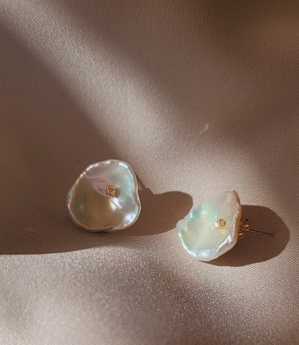 Large Keshi Pearl Petal Stud Earrings with 14k Solid Gold - ONE OF A K –  Cat Janiga Jewelry