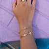 Gold Aura Link Bracelet layered with Gold Aura Station bracelet on a wrist with Aura ring on middle finger,against a purple and blue brick background