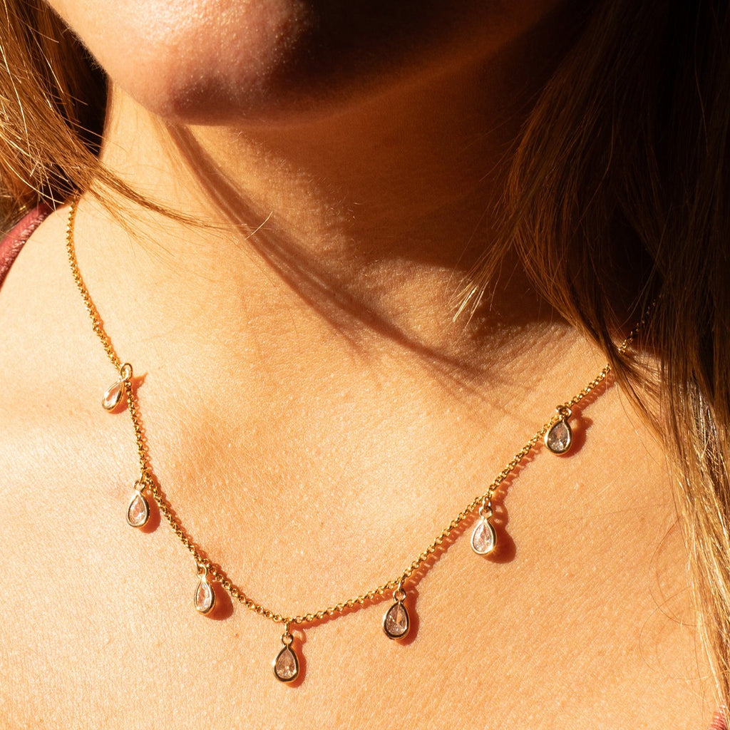 Woman wearing Dew Drop Crystal Necklace