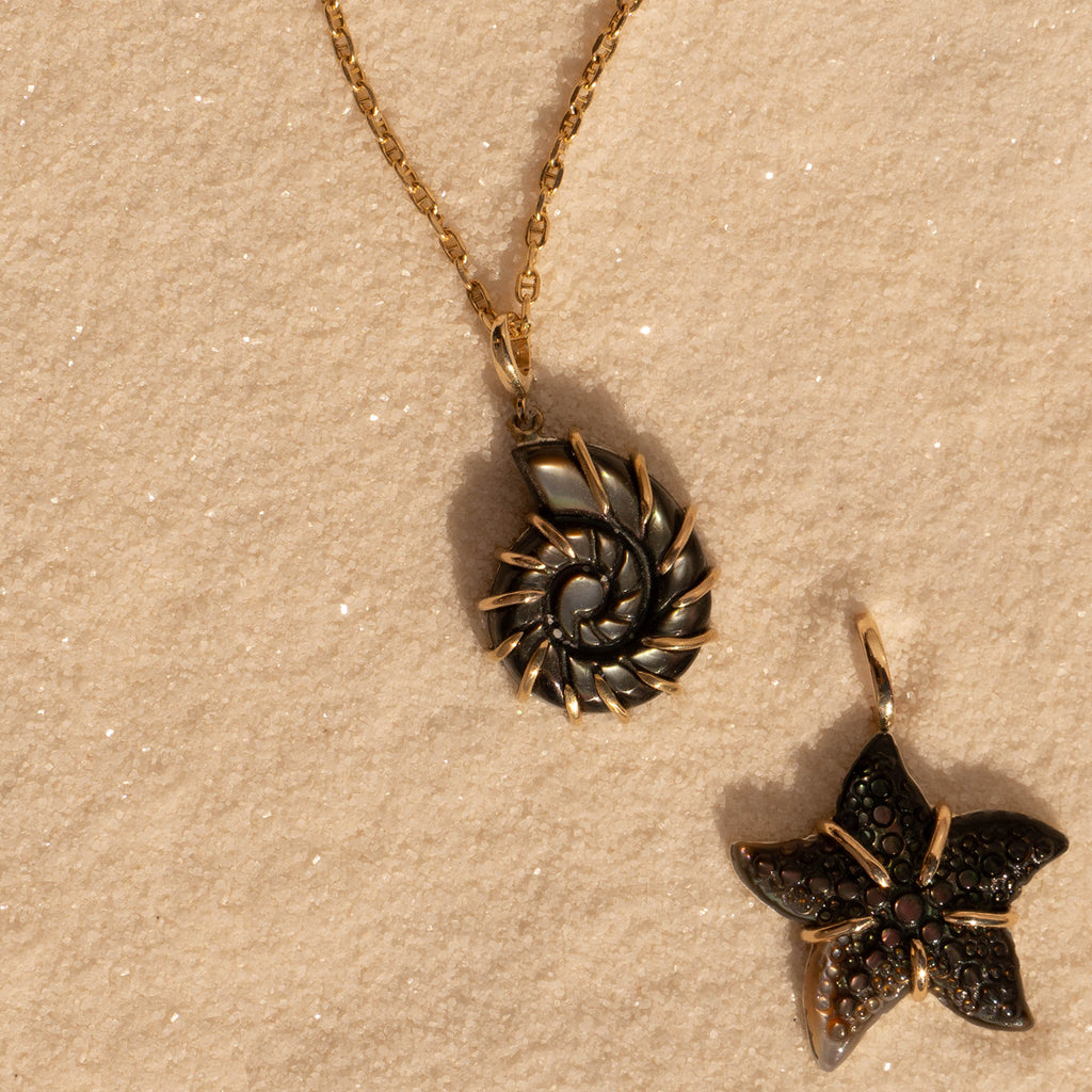 The Ursula Nautilus Pendant in 14K Gold on a chain beside the Starfish Pendant placed on sand
