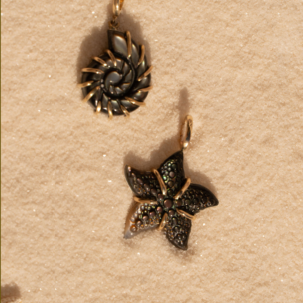 The Starfish Pendant in 14K Gold and Black Mother of Pearl and the Ursula pendant on sand