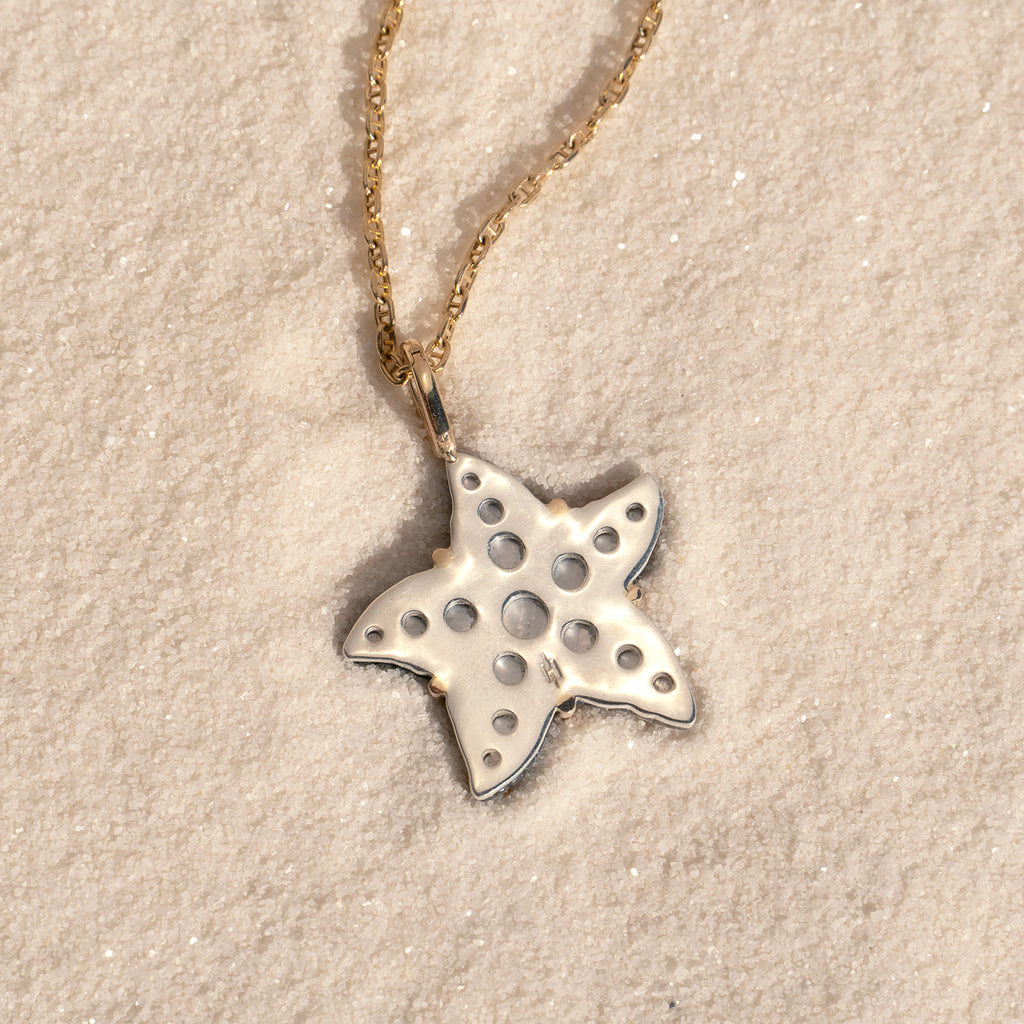 View of the back of the Starfish Pendant in 14K Gold and Black Mother of Pear