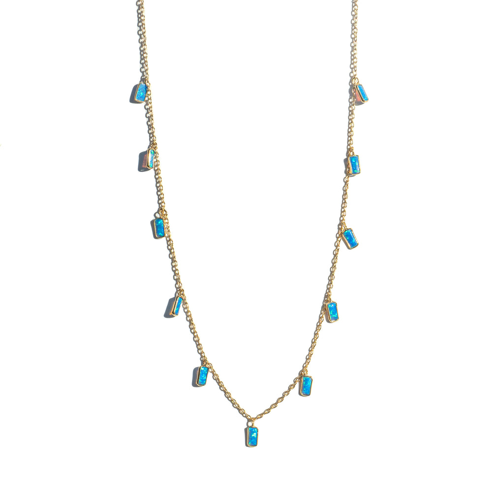 Gold chain with 11 rectangle Blue Opal charms