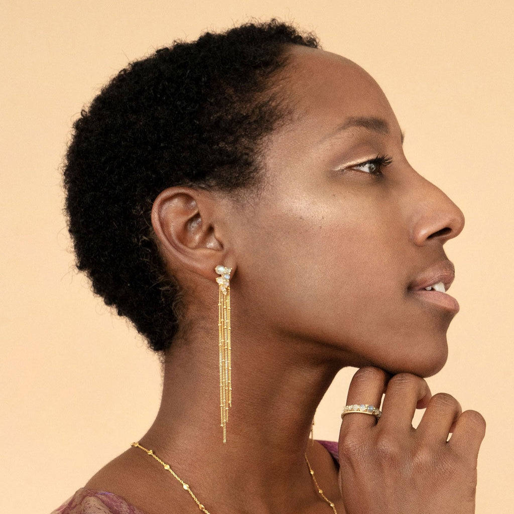 Woman wearing Gold Via Lactea Tassel Stud with Labradorite, gold nebular necklace and Labradorite Andromeda ring in gold