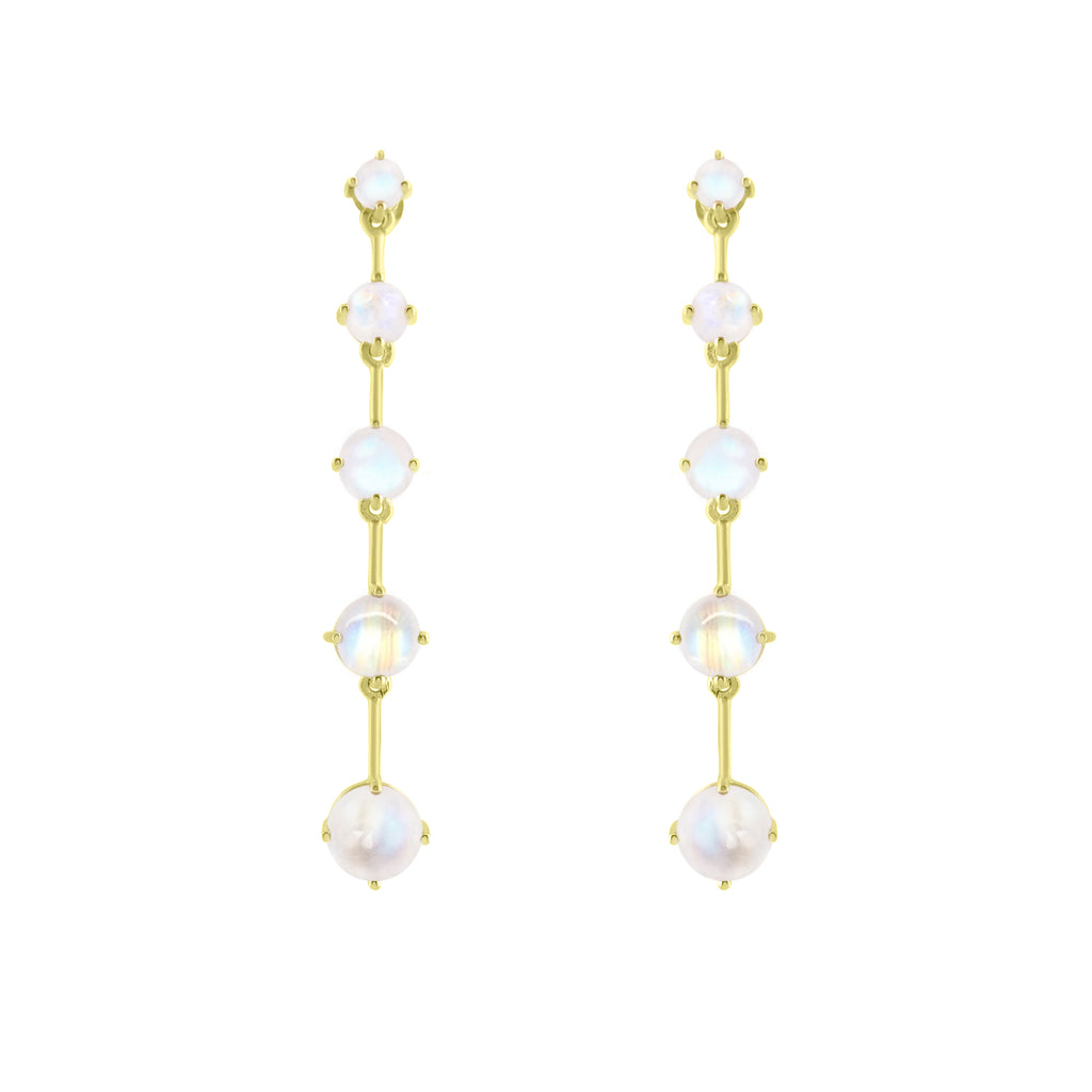 Gold Astraea Drop Earring with Rainbow Moonstone cabochon gemstones